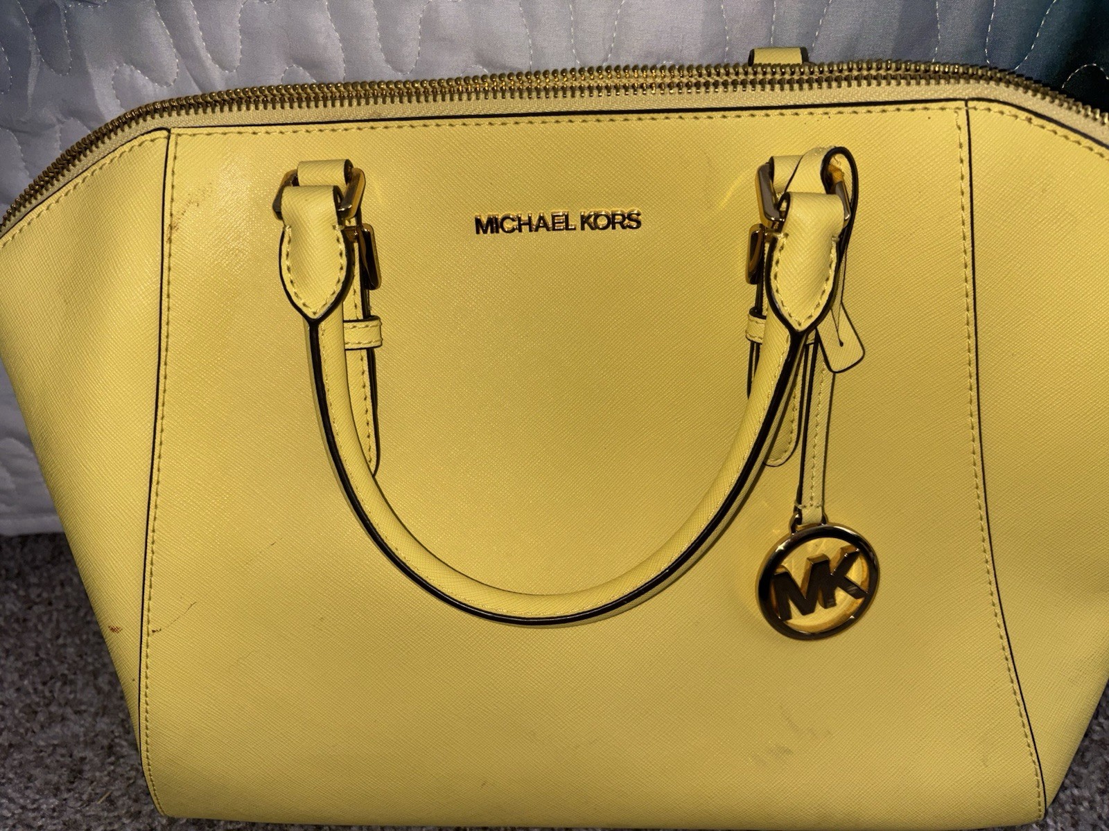 Michael Kors Yellow Medium Satchel Top Handle Bag, Zip, Gold Hardware, Strap