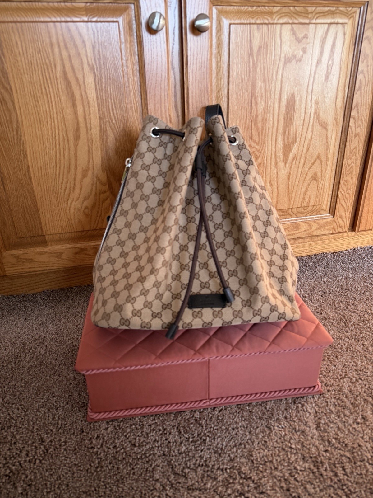 Rare FindGUCCI RUCKSACK BACKPACK CANVASLEATHER BEIGE BROWN USED & DUST BAG & CoA