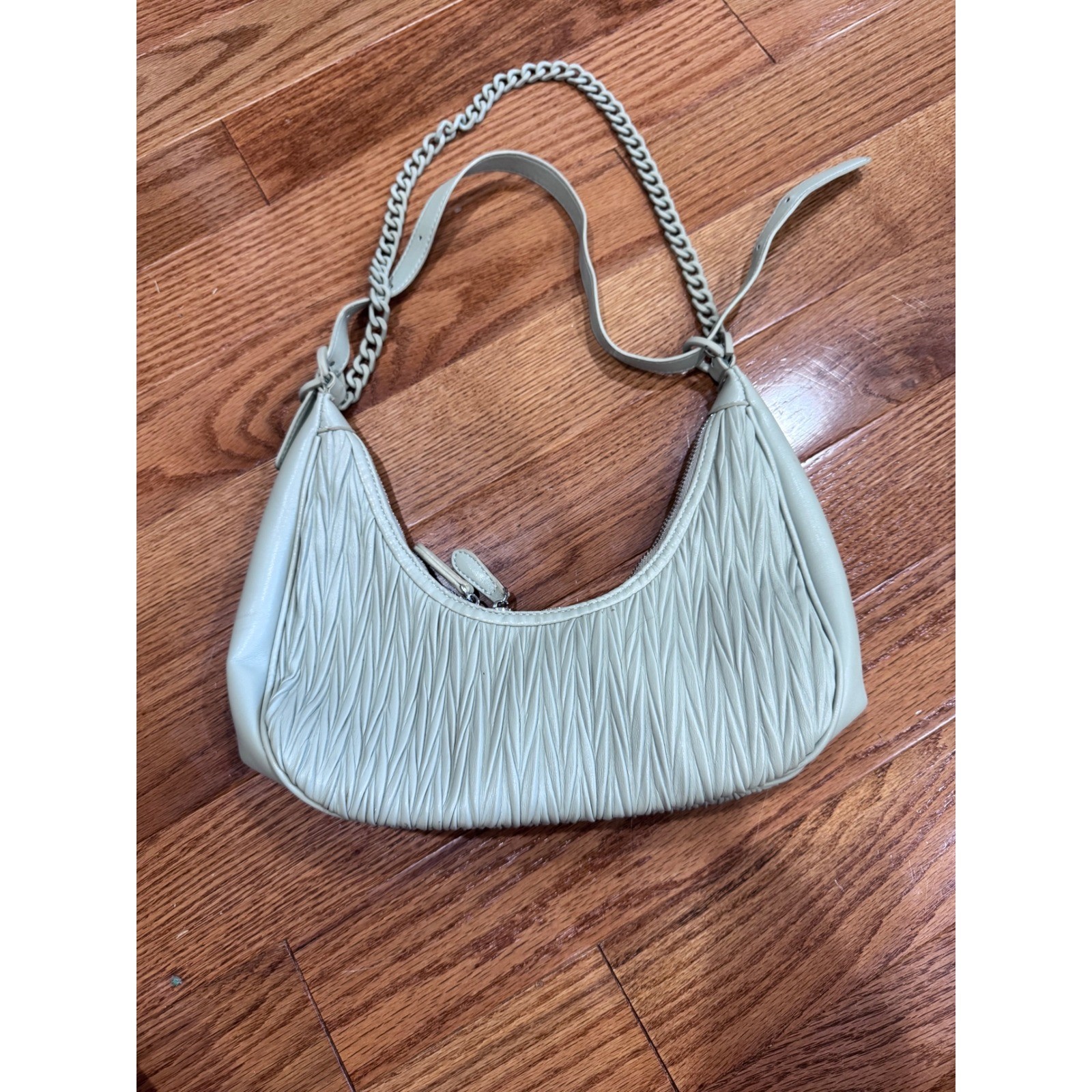 Madison West Ruched Shoulder Bag Chain Strap Pouch Purse Gray Beige