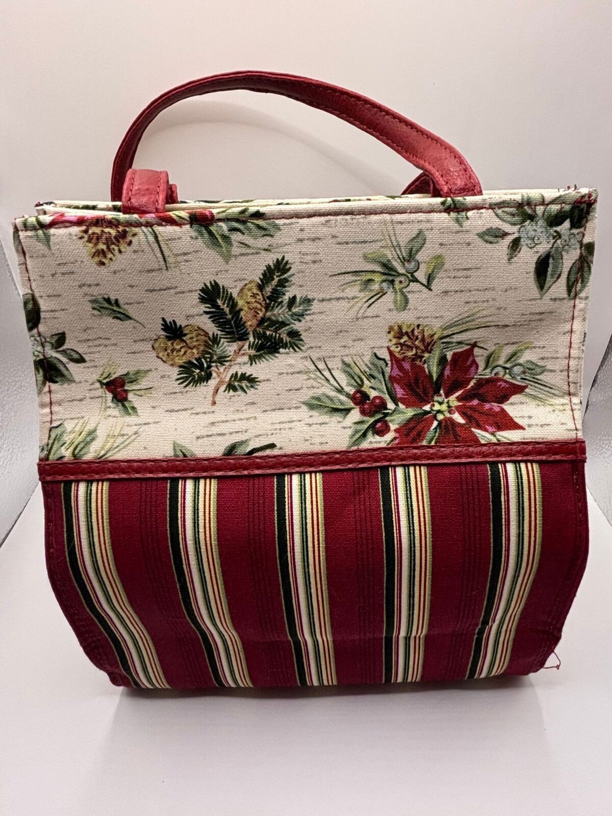 Longaberger Holiday Canvas Tote Bag Stripe Poinsetta