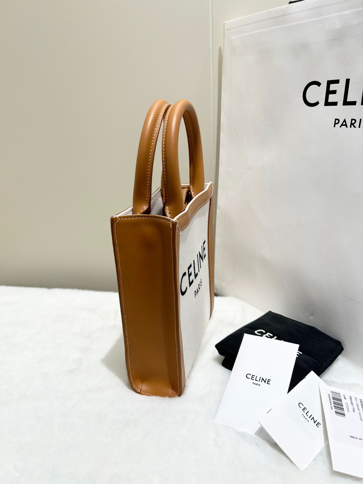 Celine Cabas Mini Score Bag in Caramel and Canvas