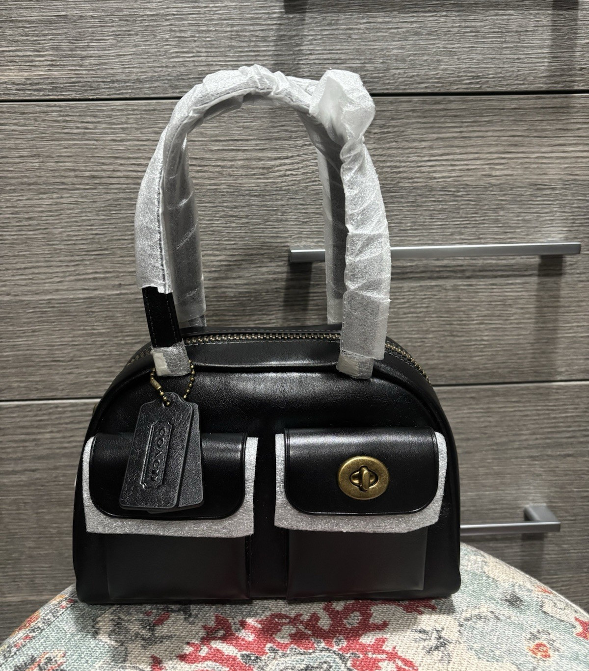 Coach Black Small Satchel Top Handle Zip Turn Lock Gold Hardware Inner Pockets
