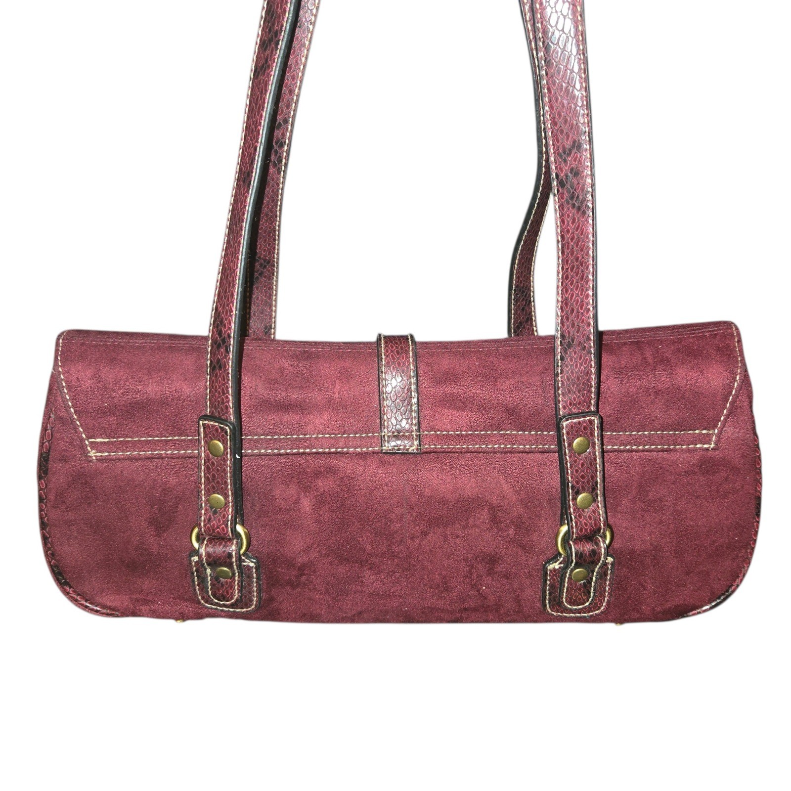 Bisou Bisou Y2K VTG Shoulder Bag Med Maroon Snakeskin Trim Faux Suede Baguette