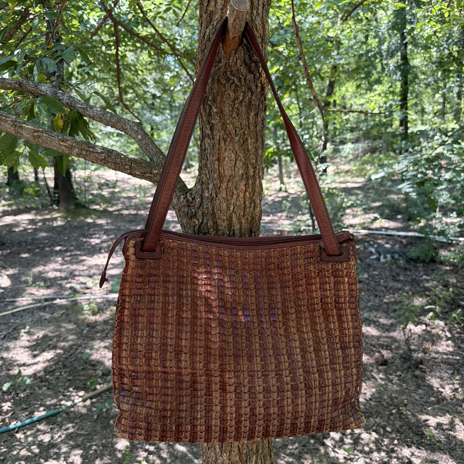 VTG Fossil 75082 Brown Woven Genuine Leather Tote Basketweave Shoulder Purse