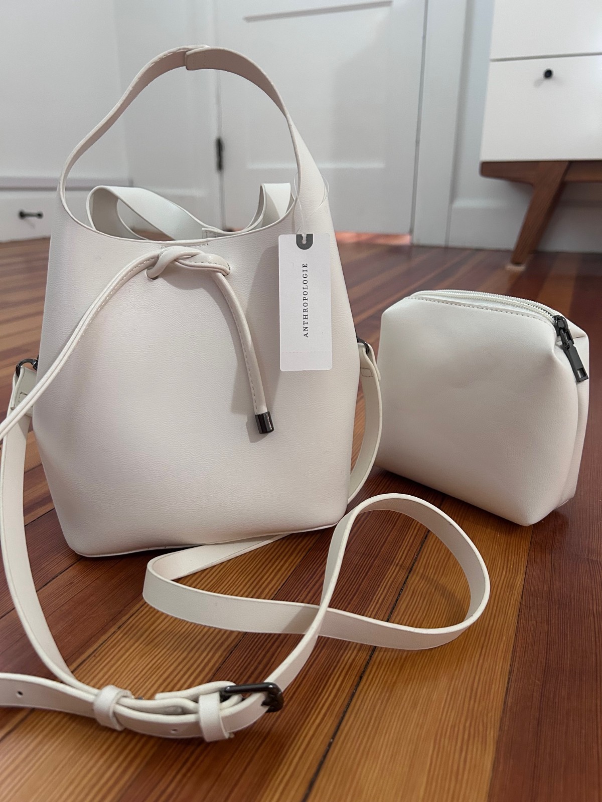 Anthropologie White/Ivory Vegan Leather Bucket Bag with Crossbody Strap NWT