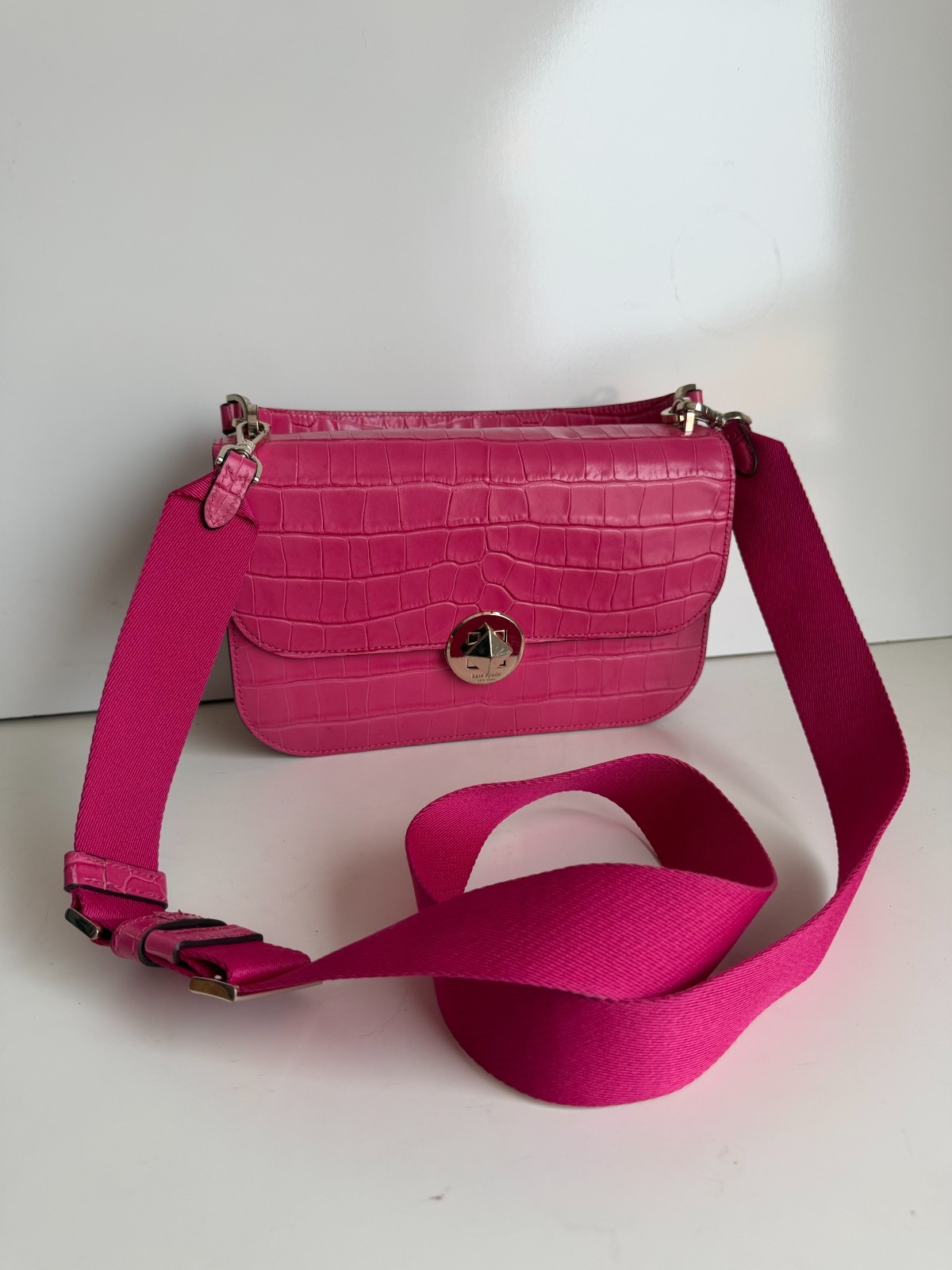 kate spade Audrey Croc Embossed Leather Top Handle/Crossbody Festive Pink Bag
