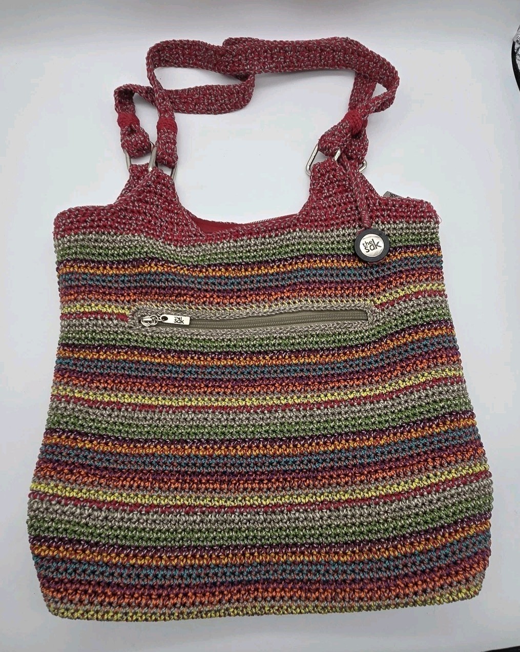 The Sak Belle Purse Hobo Shoulder Bag Crochet Rainbow Stripe Bohemian Logo FOB