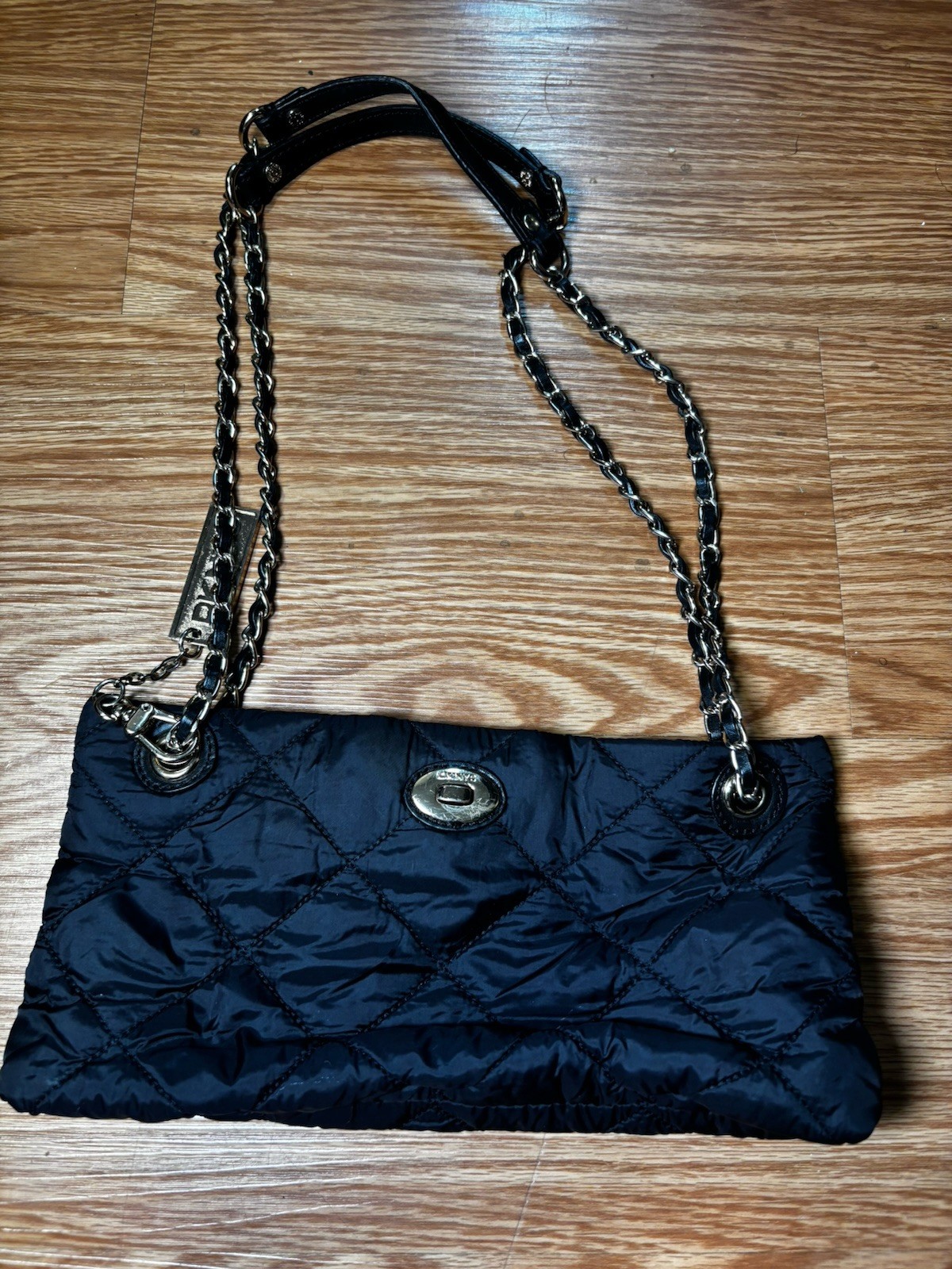 DKNY Black Quilted Shoulder Bag, Chain Strap Turn Lock Silver Hardware Lined