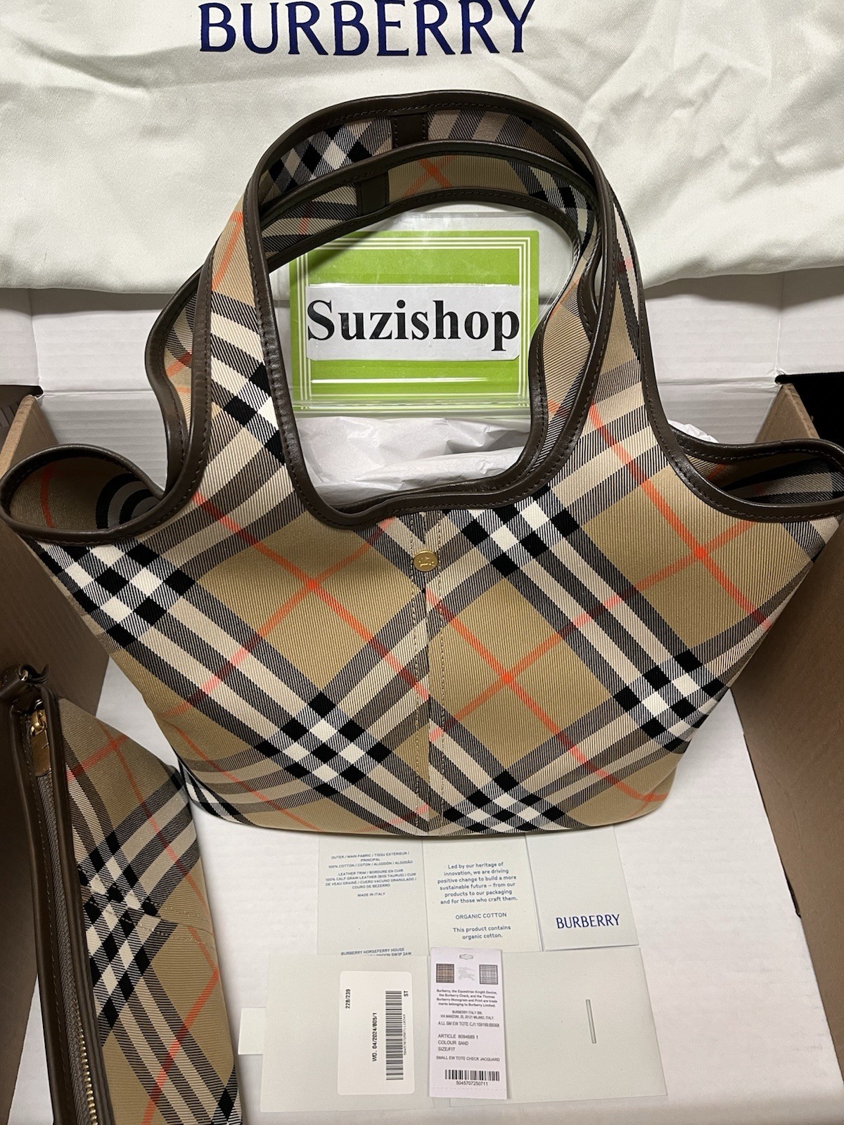 Burberry Small Check Cotton Twill Tote Bag Sand
