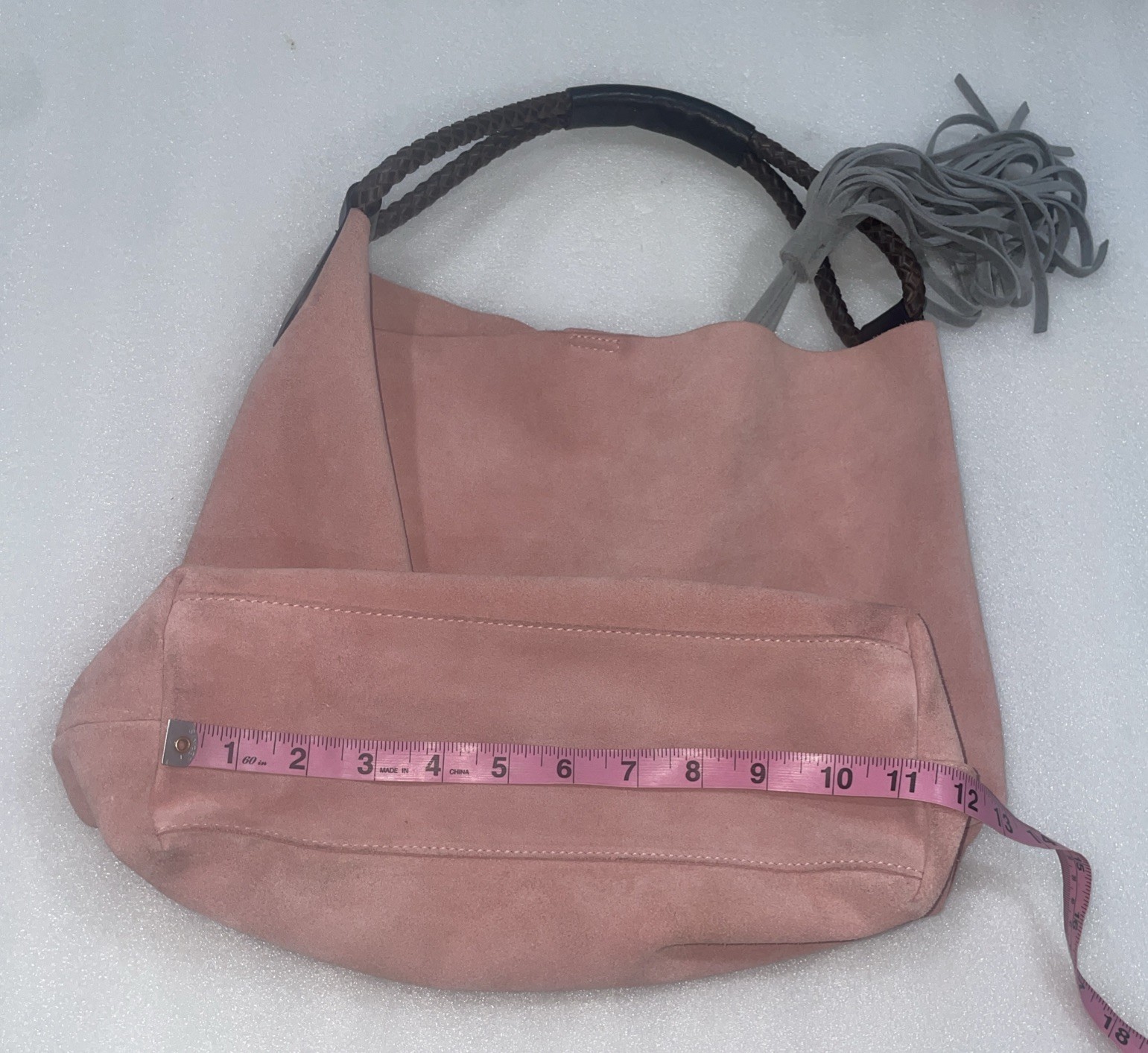 Uno Alla Volta Suede Bucket Bag Light Pink Gray Tassel Leather Woven Top Handle