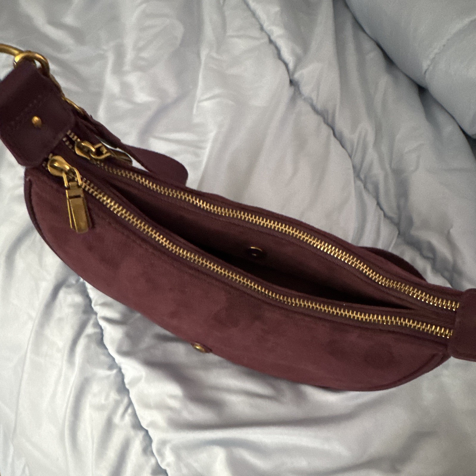 Burgundy Crescent Shoulder Bag, Medium, Zip Closure, Gold Hardware, Strap