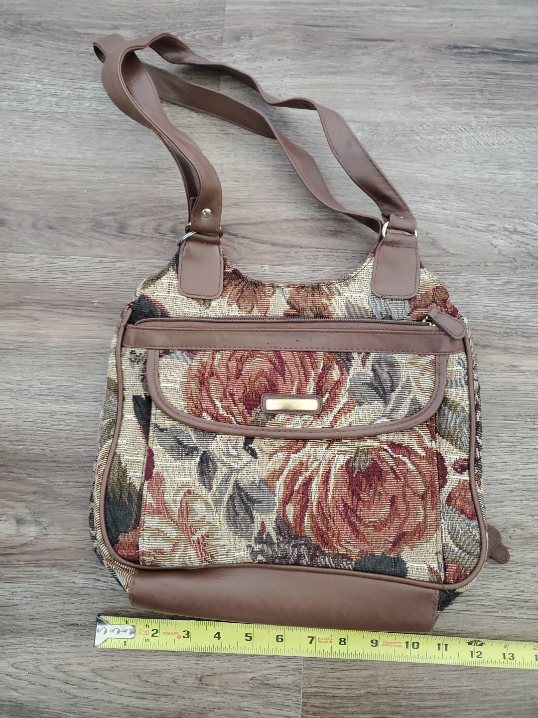 Large Purse Hand Bag Floral Flower Brown Vinyl Faux Leather Strap