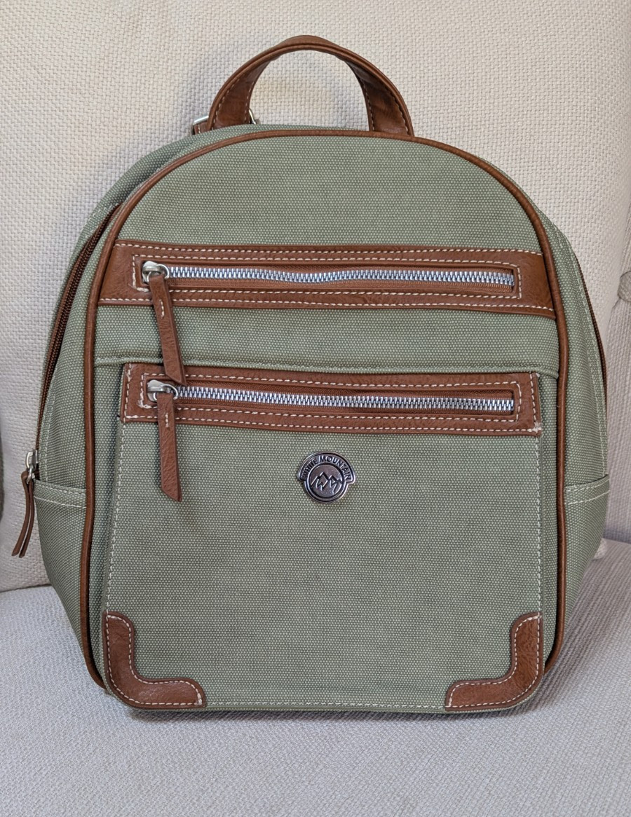 White Mountain Sage Green Zipper Backpack w/Brown Shoulder Strap & Trim