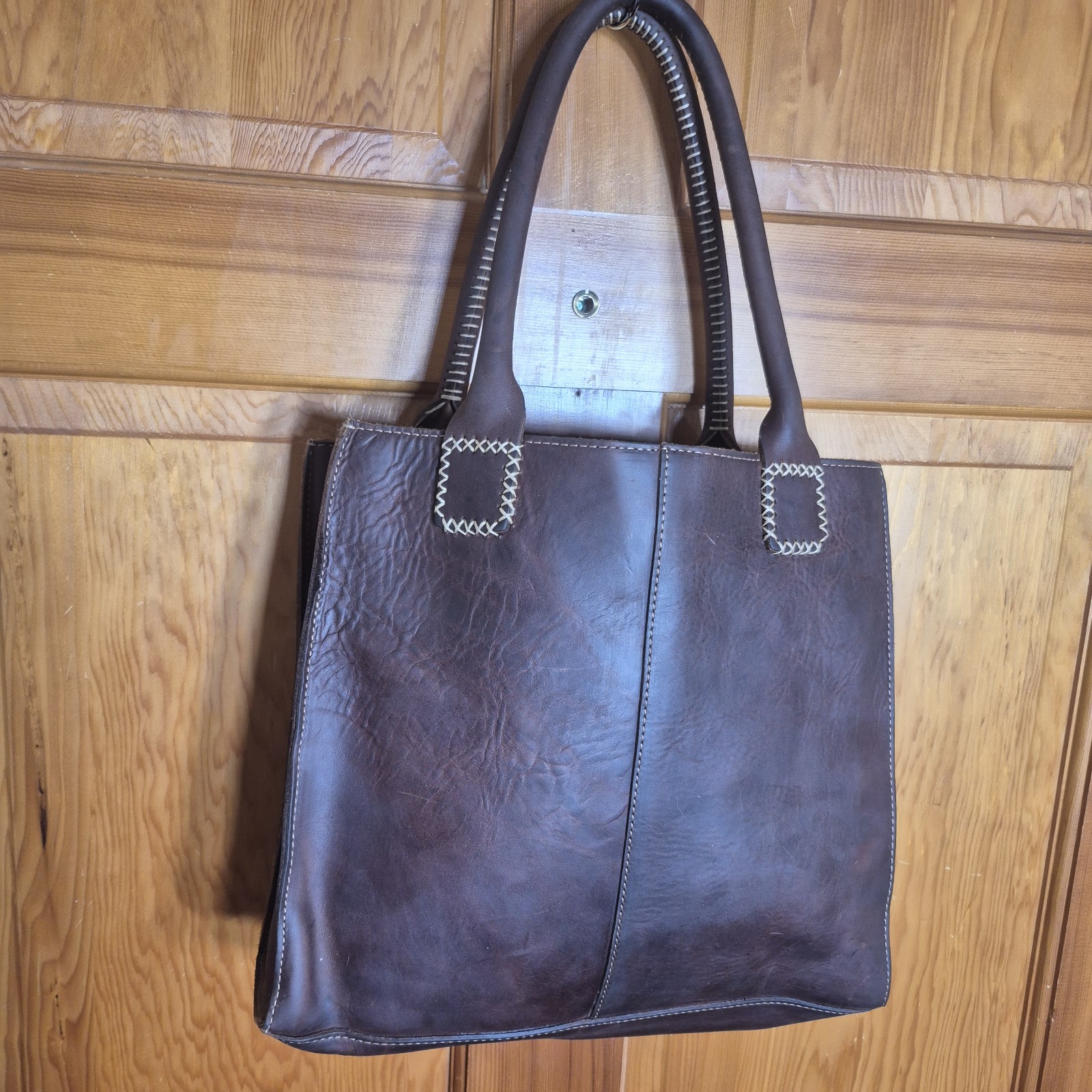 Rugged Artisan Brown Thick Leather Tote Bag Reinforced Stitching Snap Button
