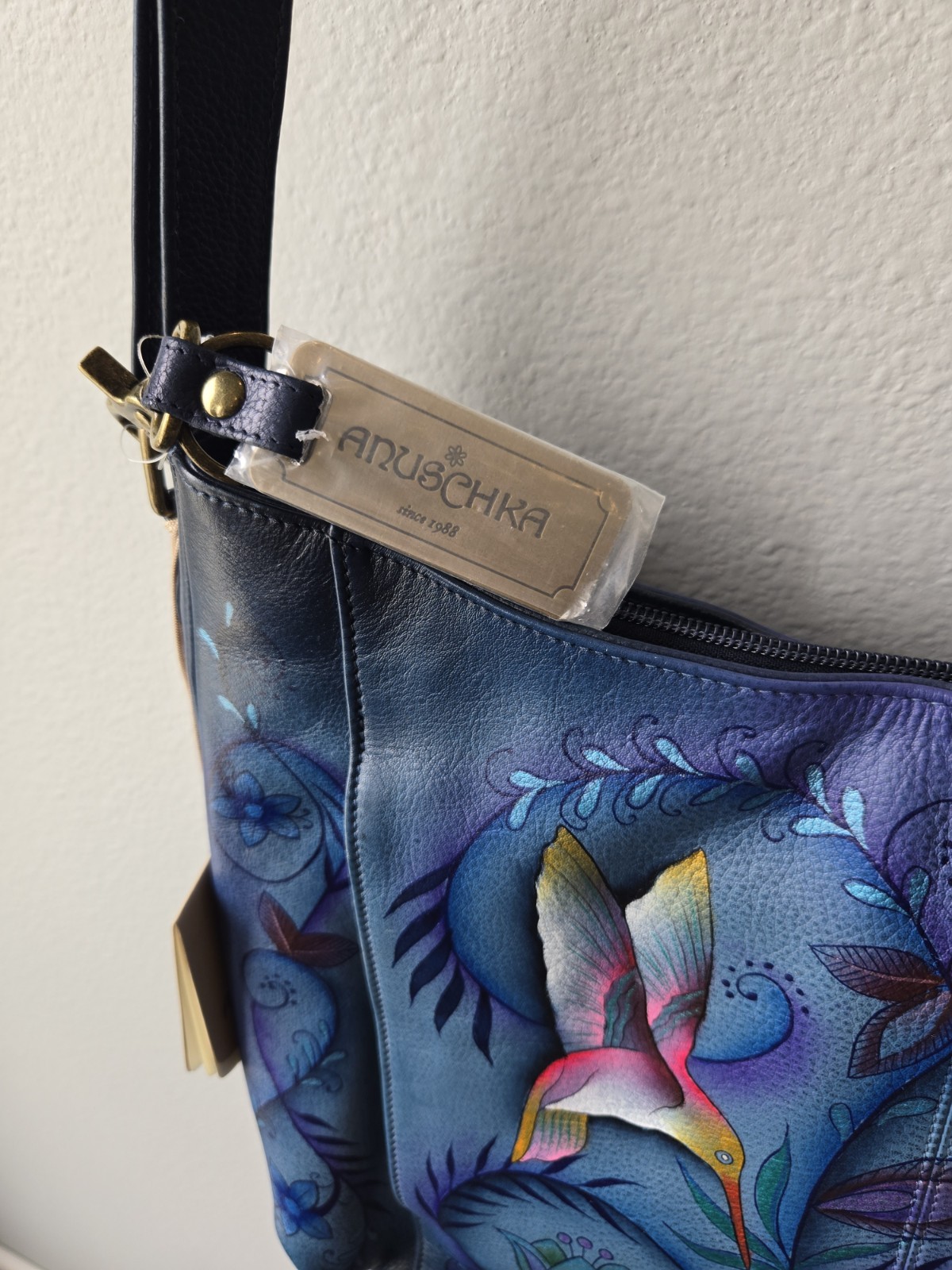 Anuschka Blue Leather Hummingbird & Butteryfly Painted Shoulder / Crossbody Bag