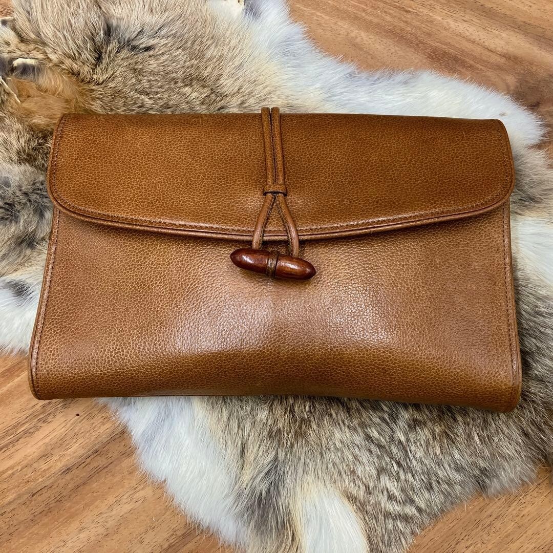 Yves Saint Laurent Brown Leather Clutch Bag Wooden Toggle Men 27.5cm Vintage