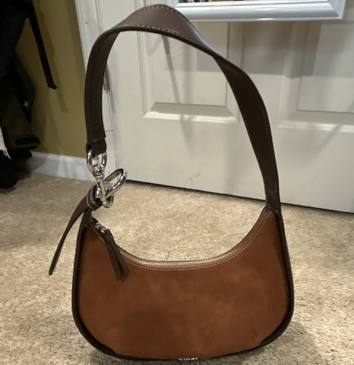 DKNY Brown Crescent Shoulder Bag Small Zip Closure Silver Hardware Detachable