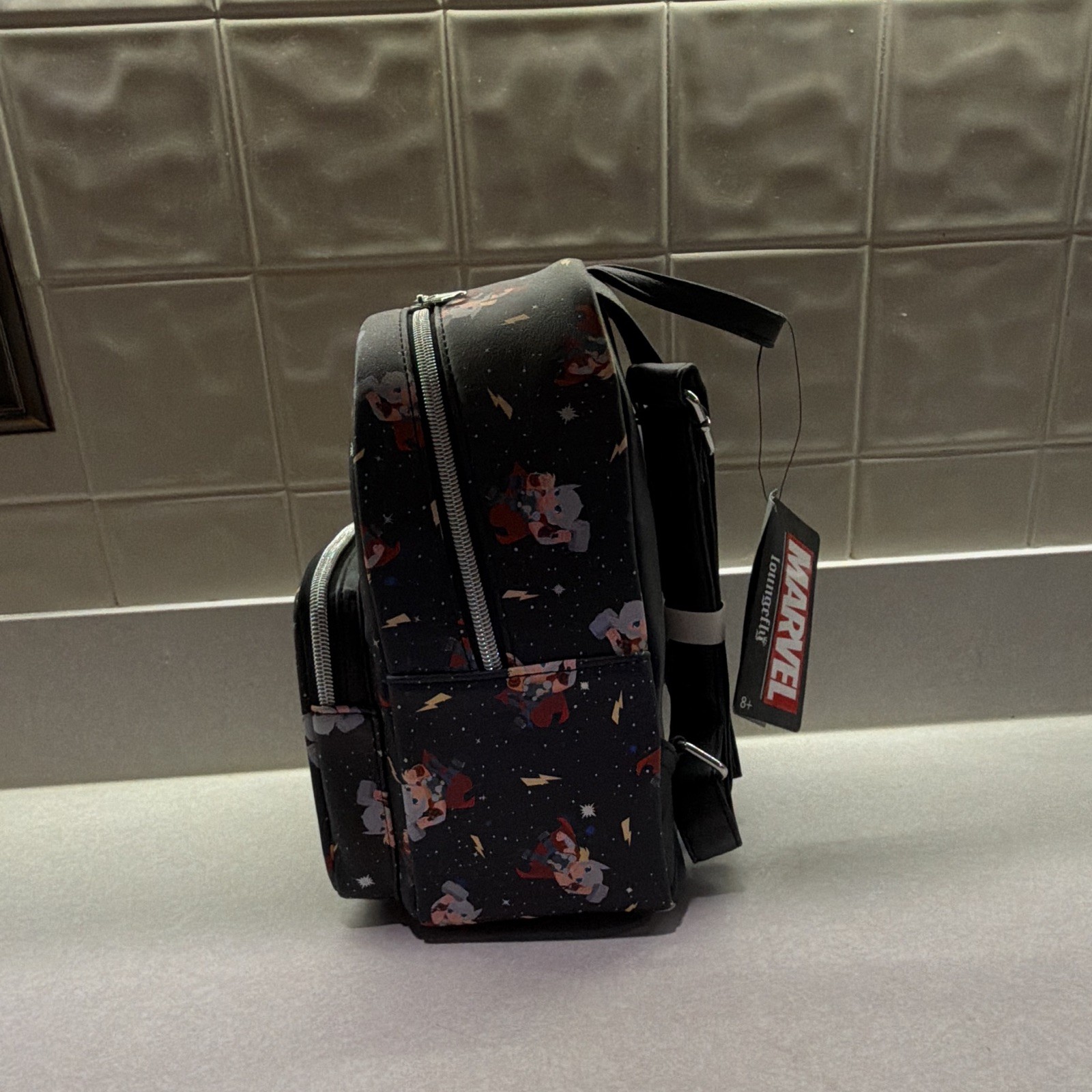 Loungefly Marvel Thor Mini Backpack Black All-Over Print Zip Adjustable Straps