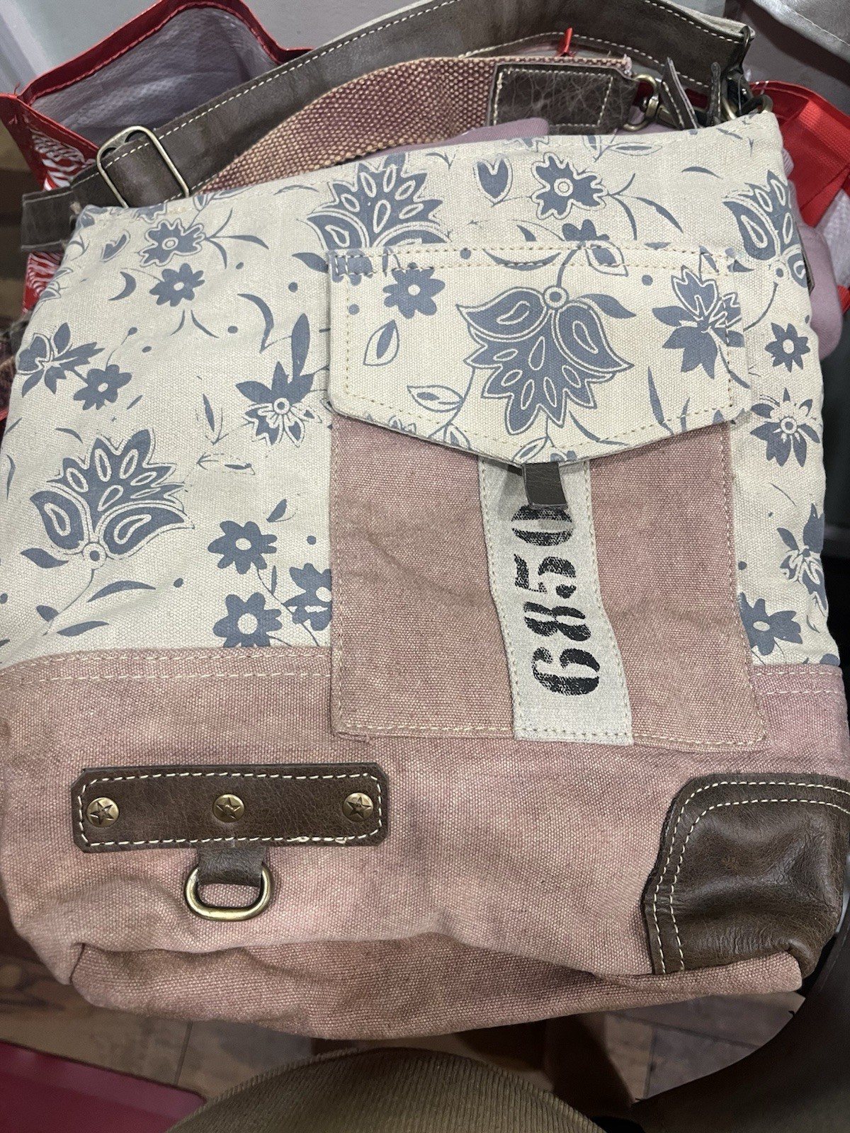 3B Medium Floral Printed Crossbody Bag Beige/Brown Zip 2Adjustable Strap Vintage