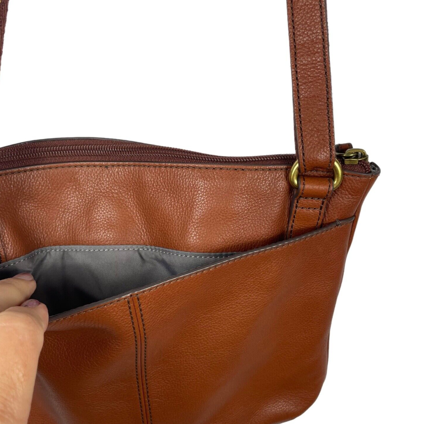 Fossil Chestnut Cowhide Pebbled Genuine Leather Adjustable Crossbody Bag Purse