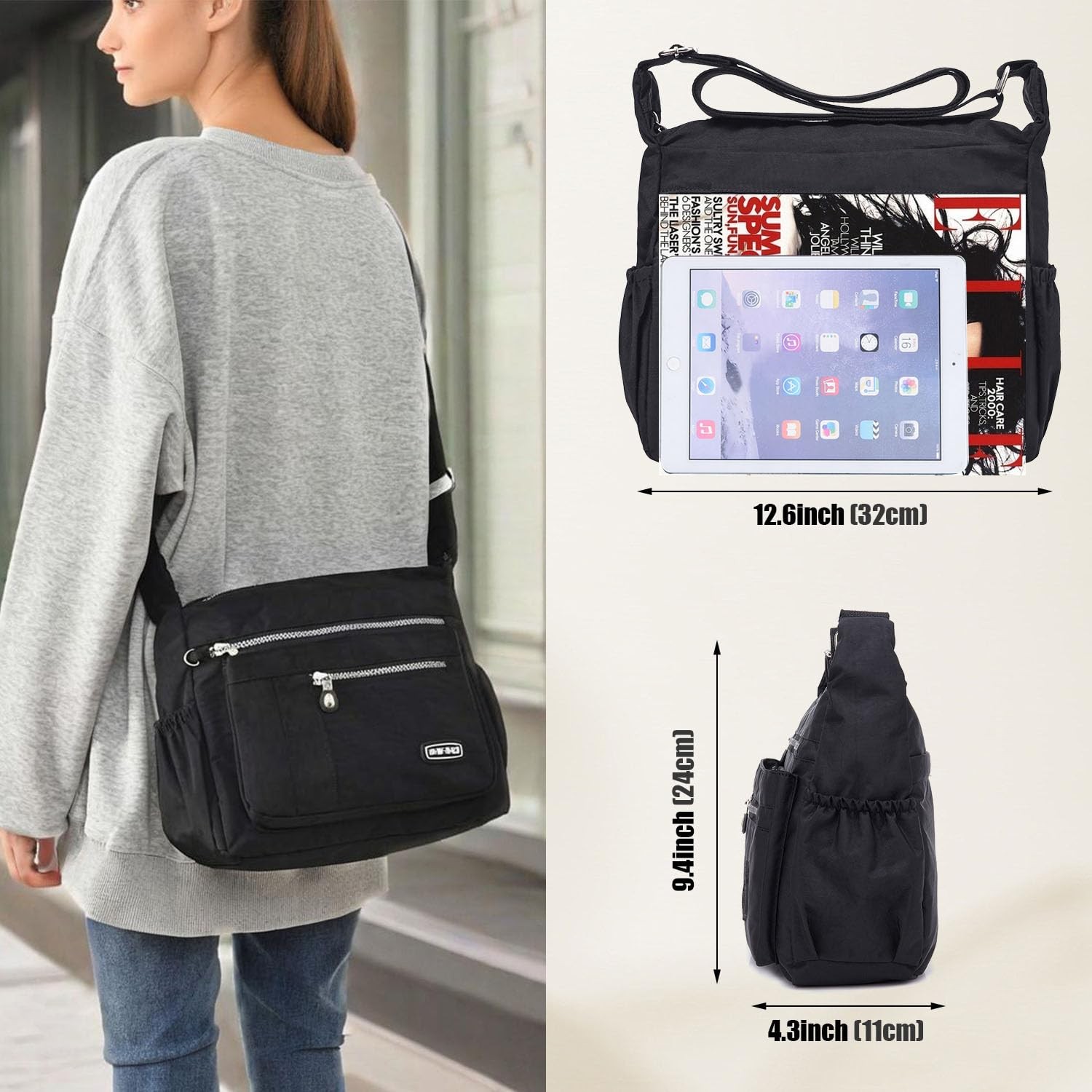 Crossbody Bag for Women, Multi Pockets Waterproof Nylon Shoulder Handbag, Fas…