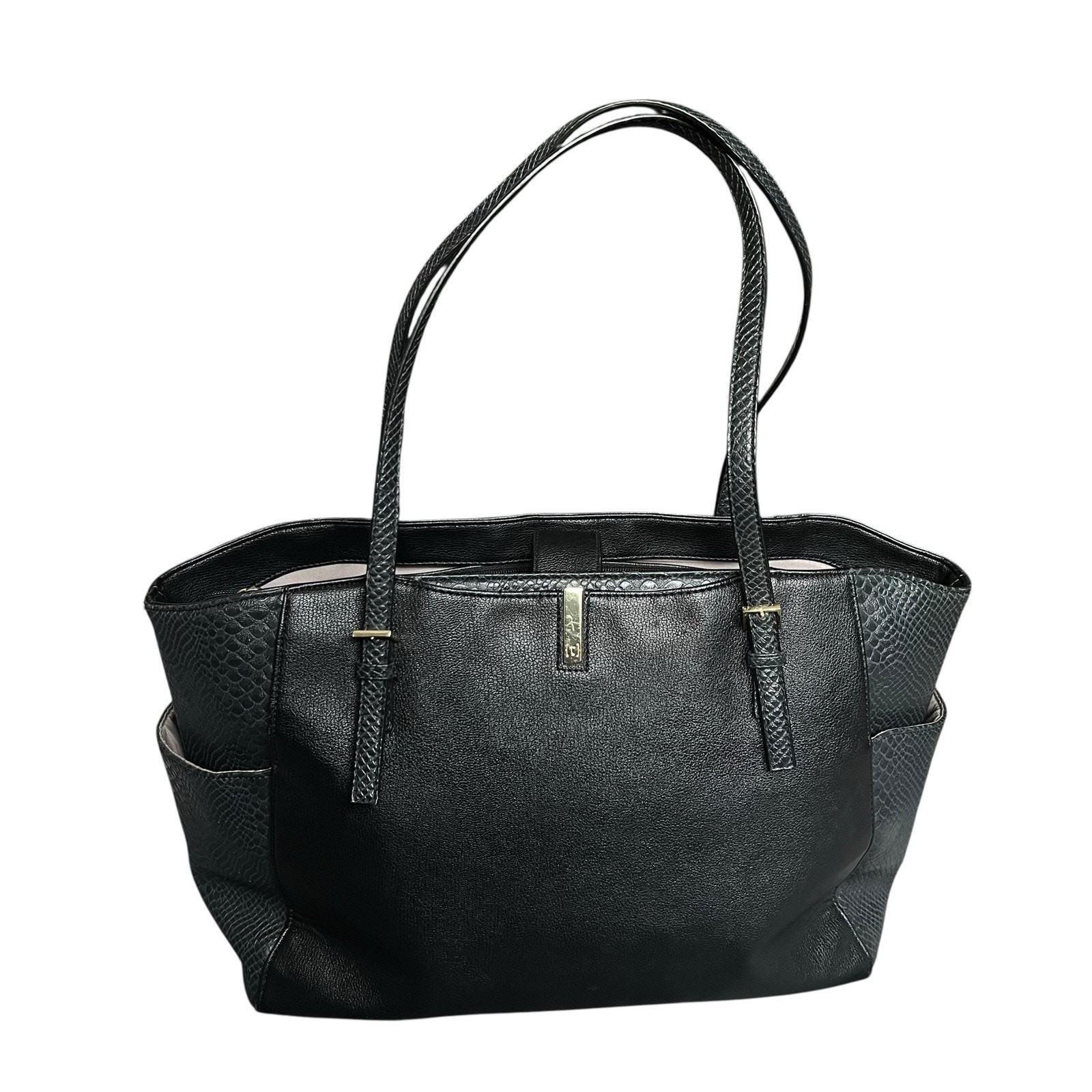 Tutilo Black Faux Leather Tote Bag Shoulder Purse w/ Snakeskin Embossed Sides