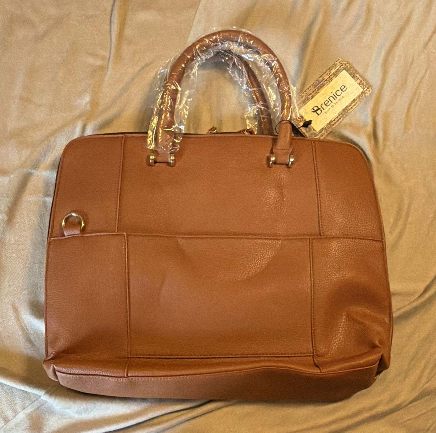 Brenice Brown Large Briefcase/Laptop Bag, Zip Closure, Detachable Strap, Pockets