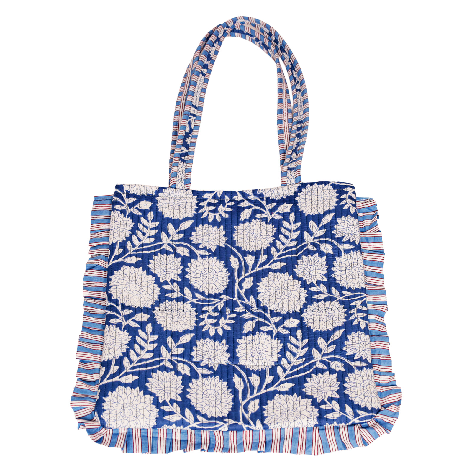 Blue Floral Quilted Ruffle Tote Bag Handmade Cotton Boho Shoulder Bag