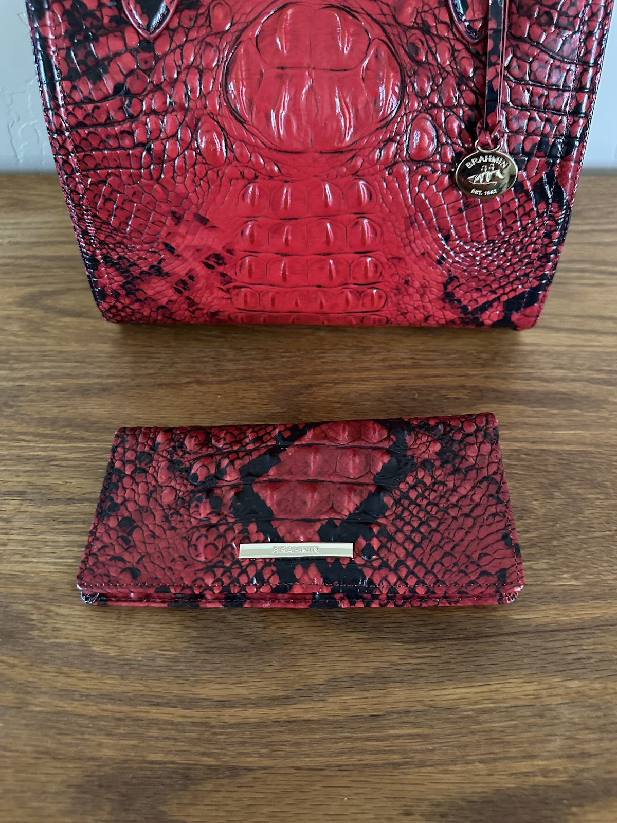 Brahmin Small Caroline Handbag Lipstick Red Black Snakeskin W/Wallet Ombre MINT