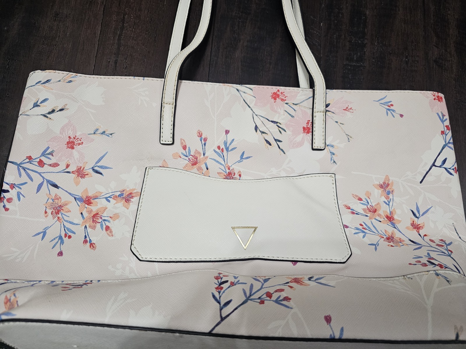 GUESS Floral Tote Bag Logo Double Handles, Detachable Strap, Pockets, Silver