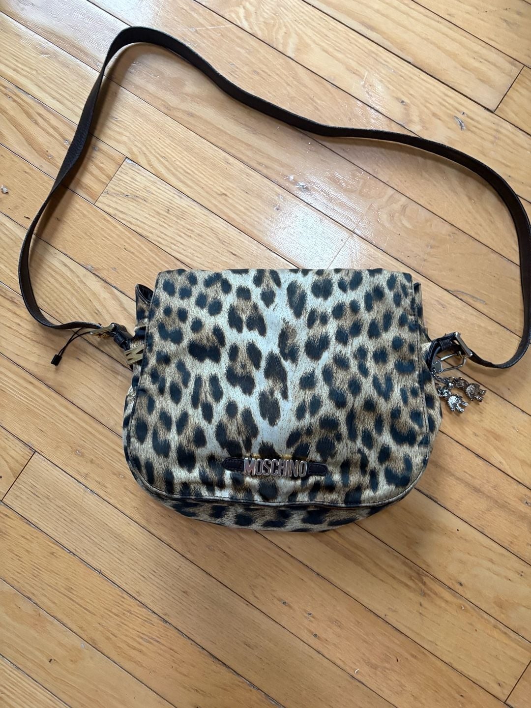 Vintage Moschino Redwall Leopard Print Flap Crossbody Bag with Teddy Bear Charm
