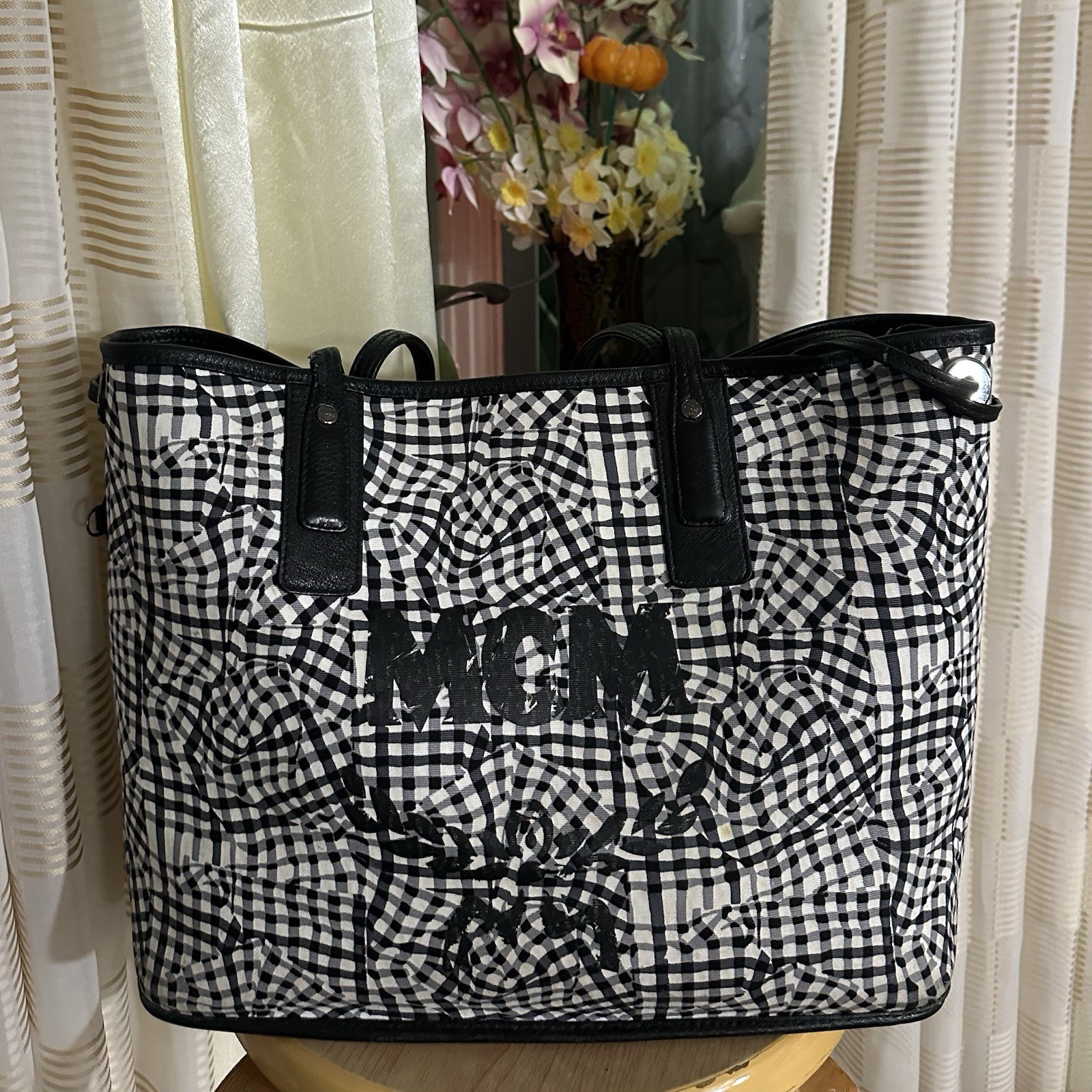 MCM Black Logo Tote Bag Silver Hardware Reversible