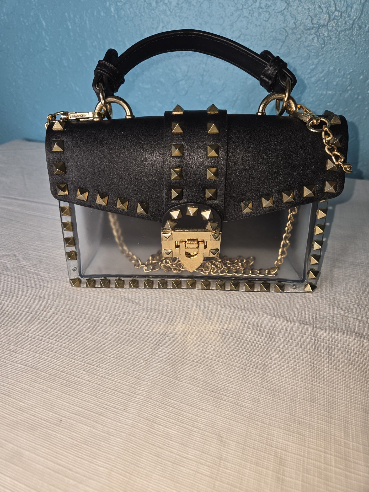 Black And Gold Clear Studded Cross Body Purse MISSING 2 STUDS