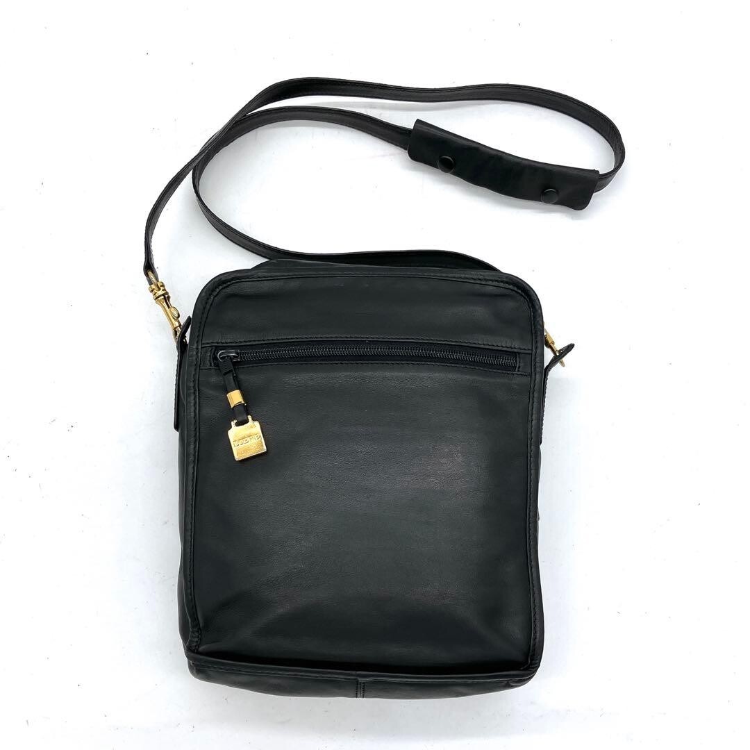 LOEWE Anagram Embossed Black Leather Shoulder Bag Gold Hardware Zip 27.5cm