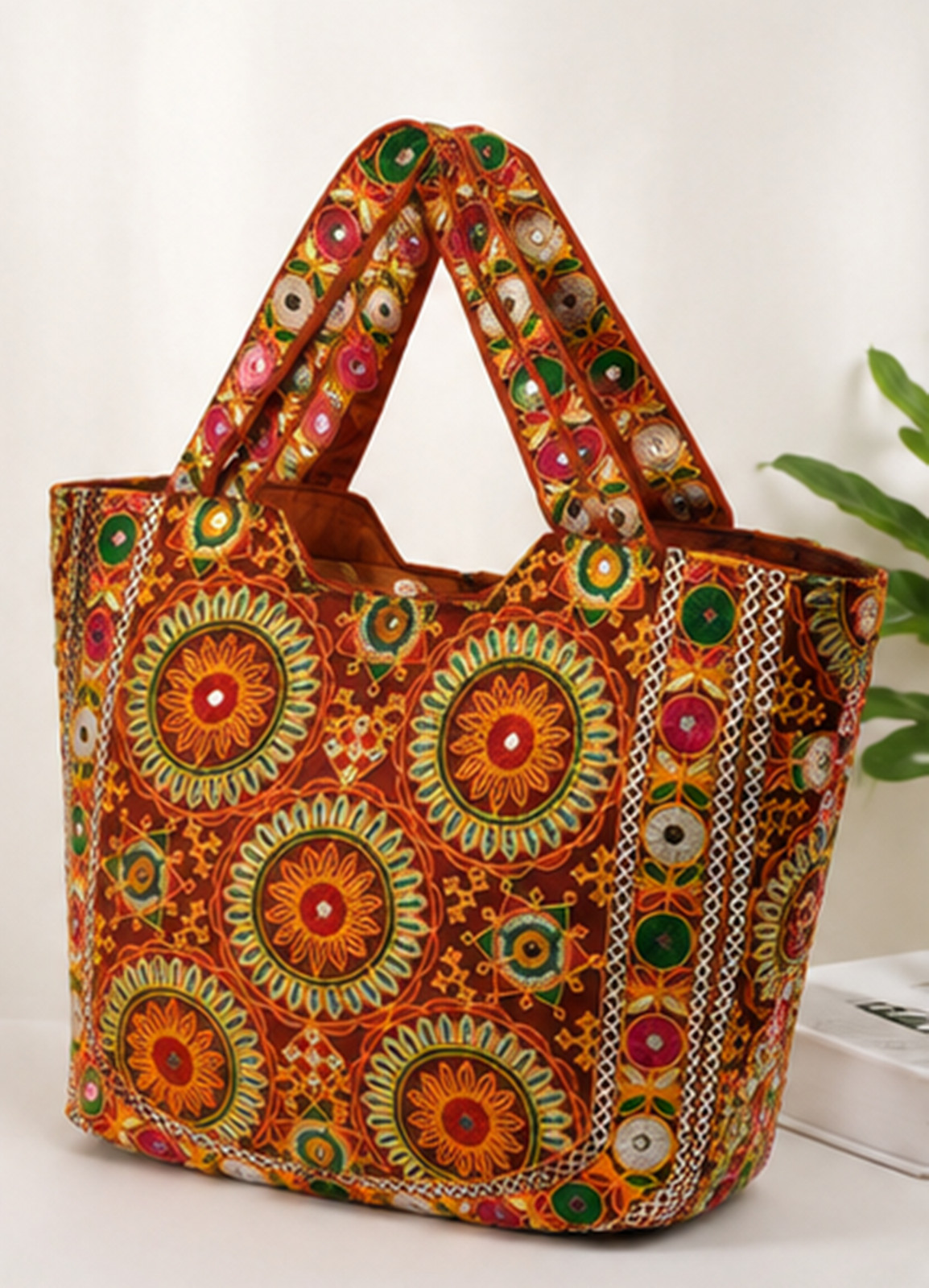 Handmade Embroidered Boho Tote Bag, Colorful Ethnic Cotton Shoulder Bag