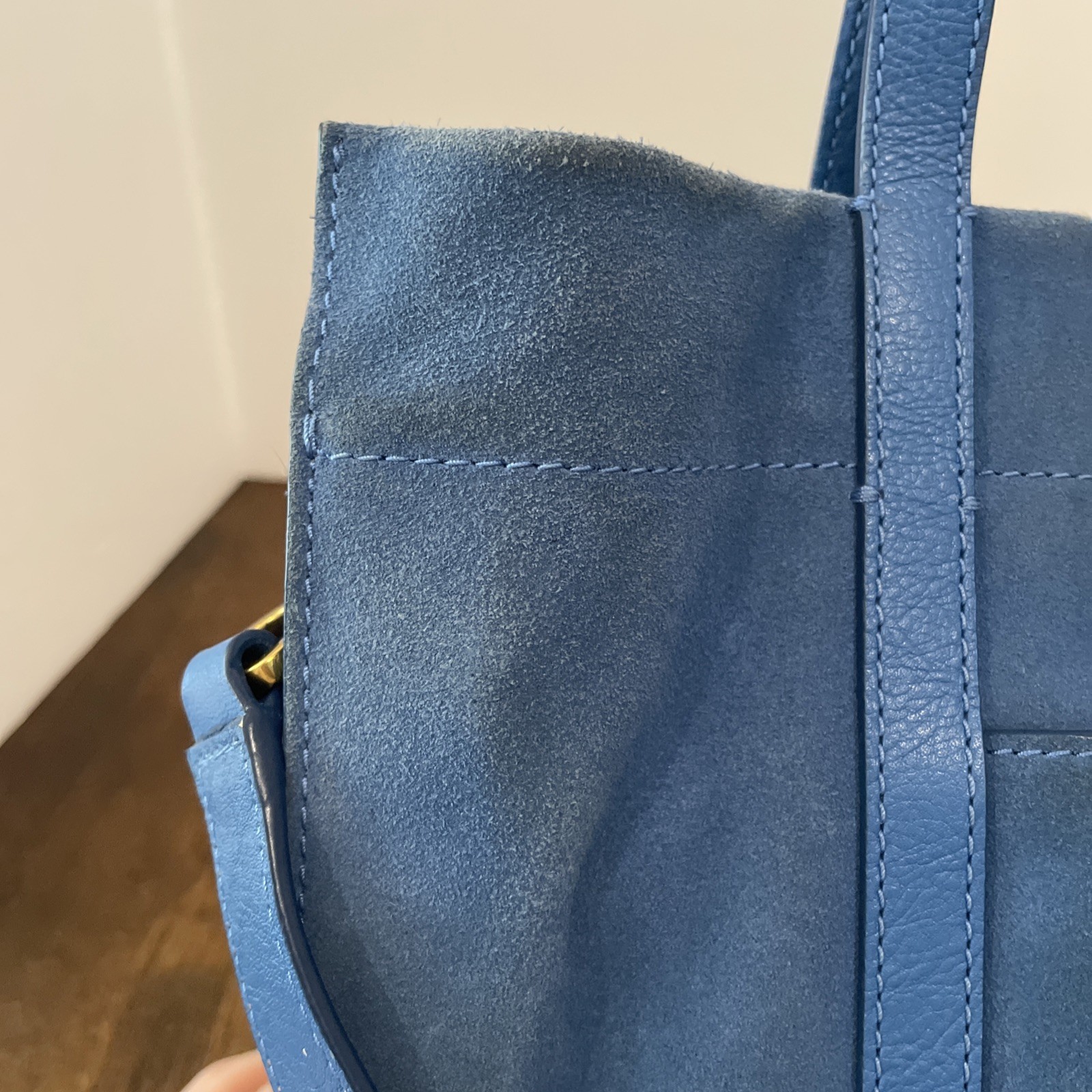 Fossil Carmen Shopper Blue Suede Leather Tote Bag