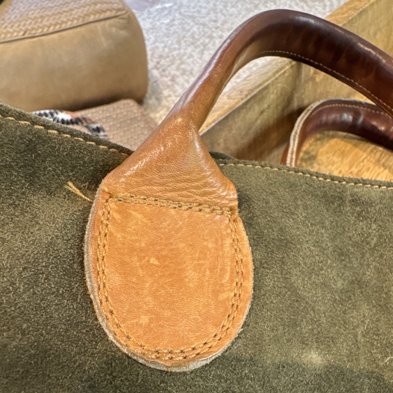 Vintage G.H. Bass & Co. Olive Green Suede Tote – Chestnut Leather Handles 1980s