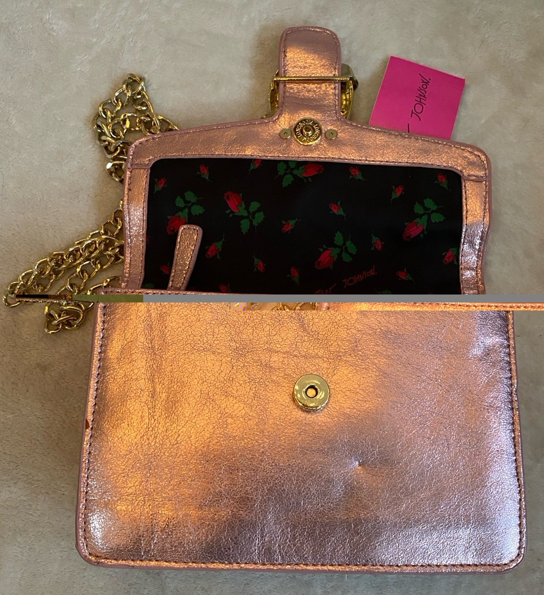 NWT Betsy Johnston Pink Gem-Embellished HORSESHOE Crossbody Bag with Chain Strap