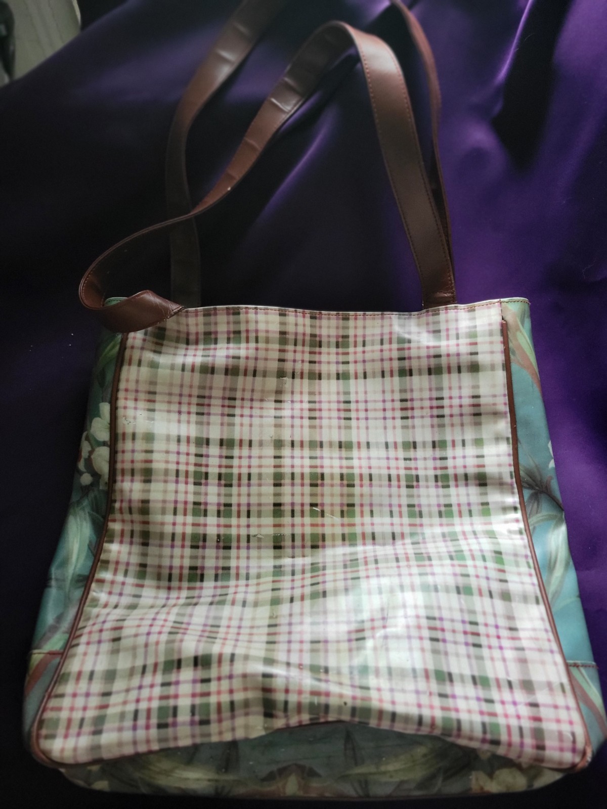 Anne Taintor Inc. Plaid Tote Bag Multicolor Zip Closure Lined Inner Pockets