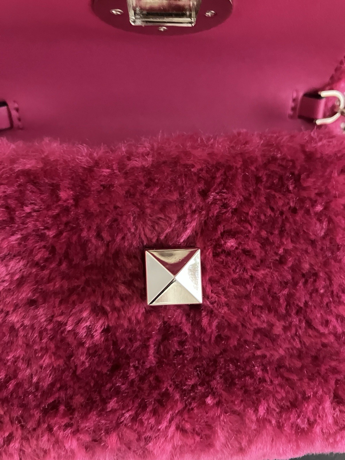 Kate Spade “Audrey” Faux Shearling Pink/Fuschia Micro Crossbody With Chain Strap