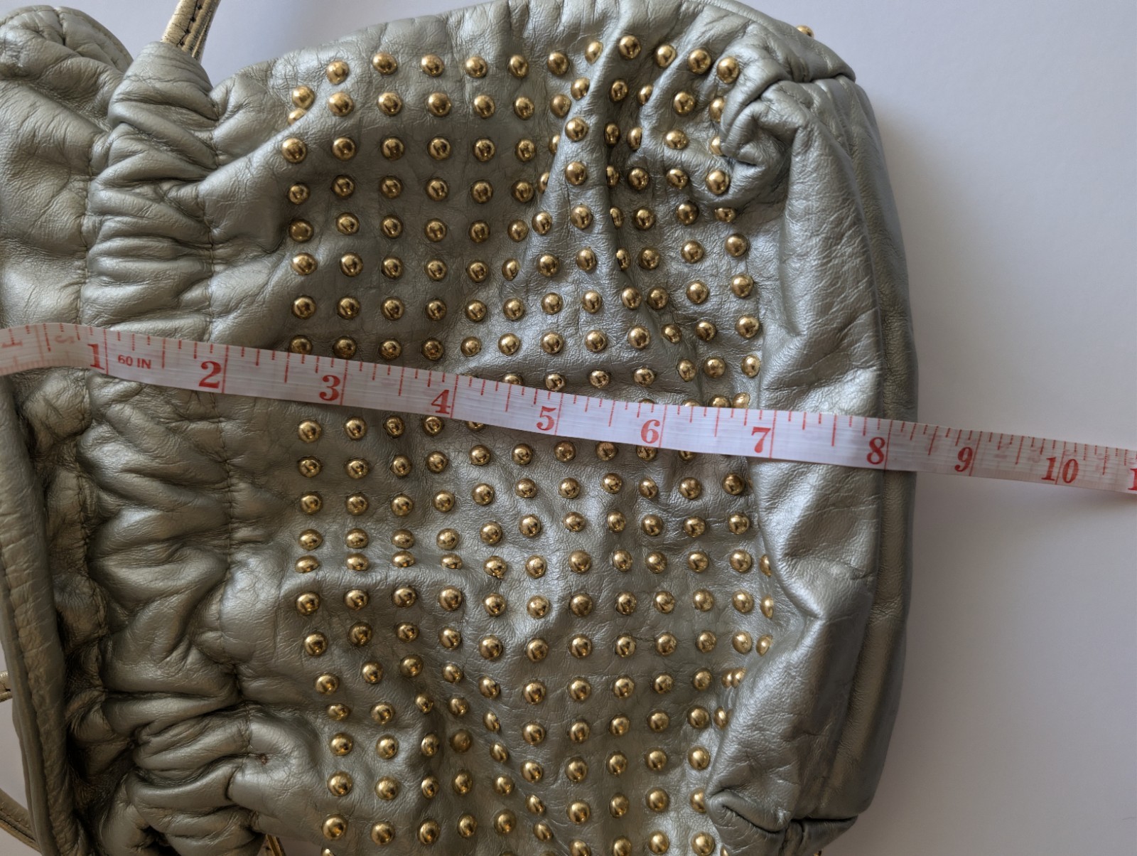 DAWLI Metallic Silver Studded Bucket Drawstring Bag Small Crossbody Strap Gold