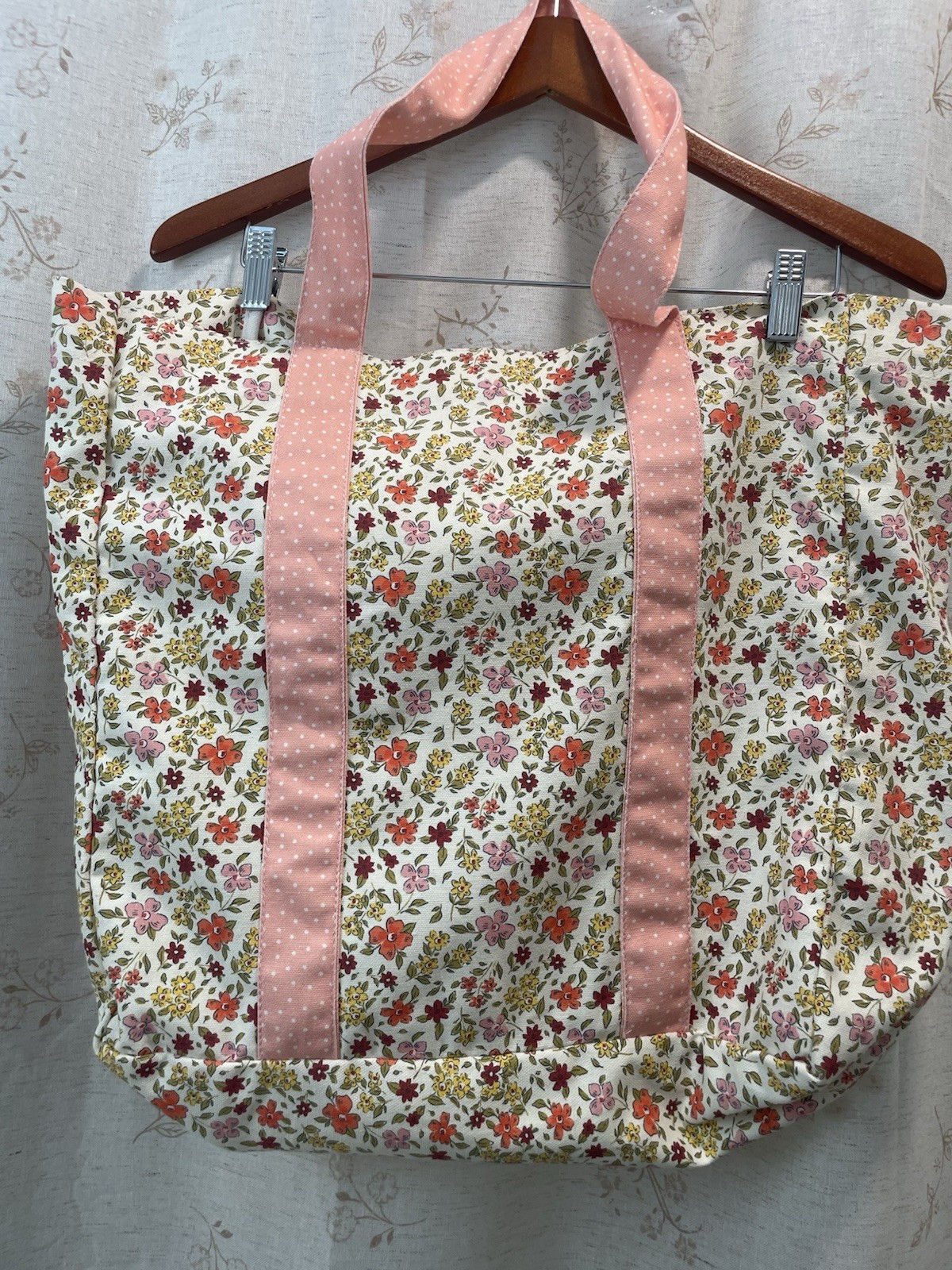 Laura Ashley Pink Polka Dots Floral Boho 100% Cotton Canvas Tote Bag Cottagecore