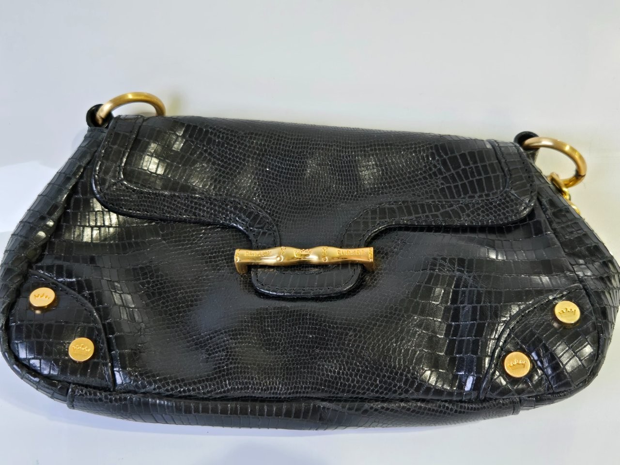 Elaine Turner Flap Shoulder Bag Clutch Black Snake Embossed Pink Lining
