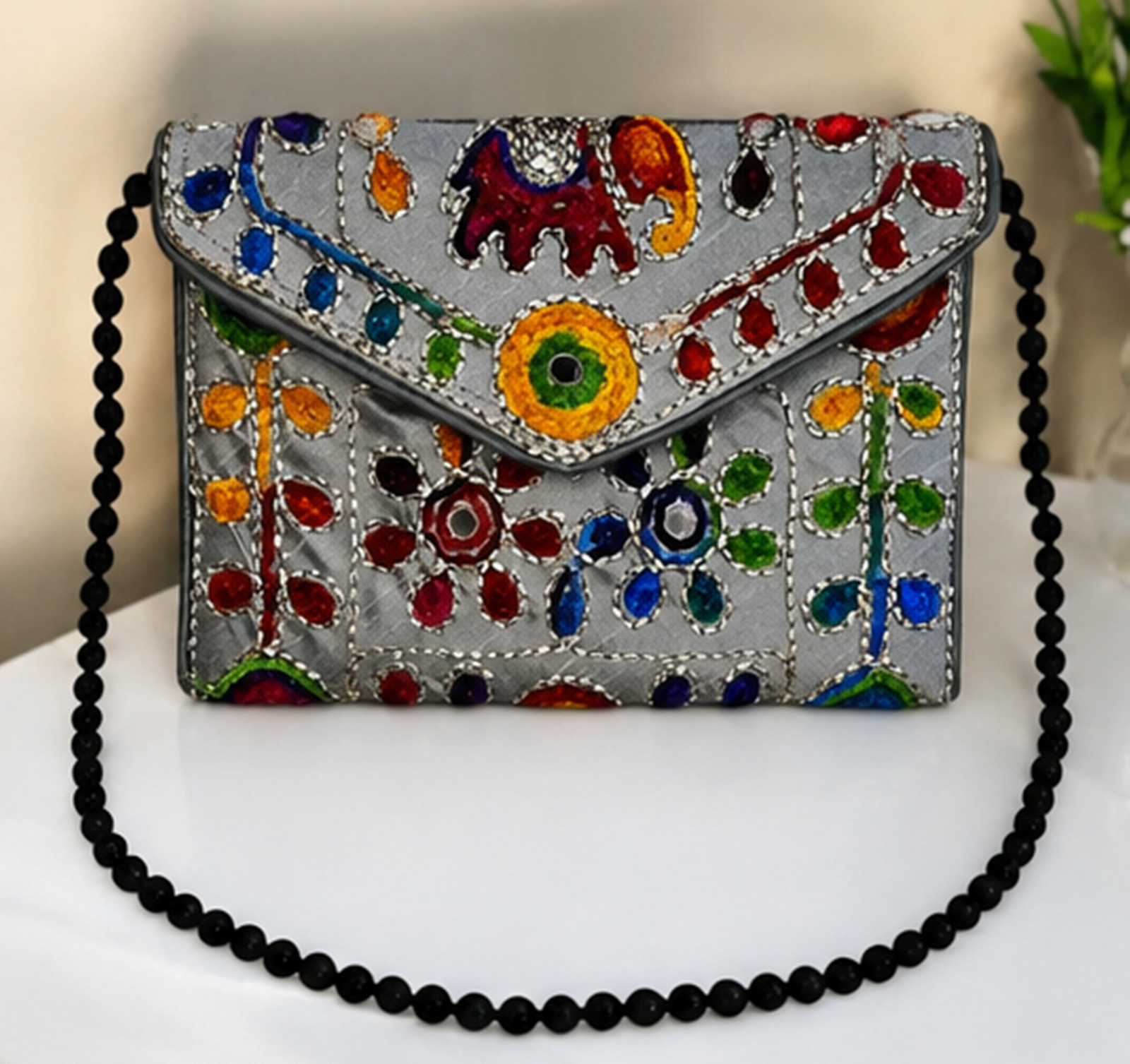 Handmade Grey Silk Elephant Embroidered Clutch, Indian Bridal Wedding Purse