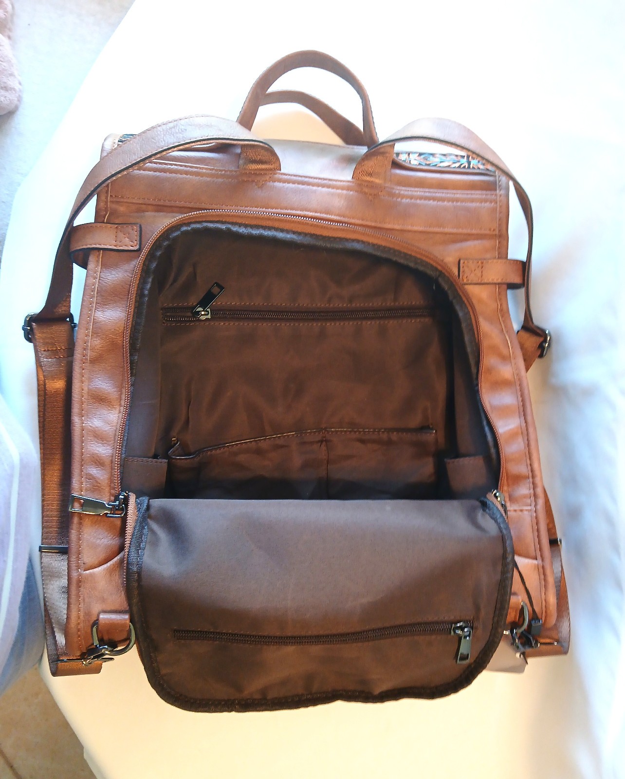 Fadeon Brown Faux Leather Backpack Purse Laptop Bag with Boho Strap, NWT