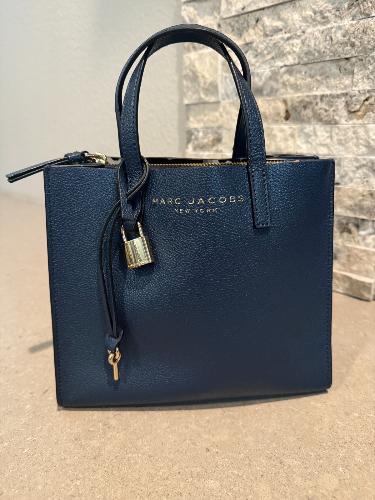 Marc Jacobs Mini Grind Tote Crossbody Navy Blue Pebbled Leather Purse Handbag
