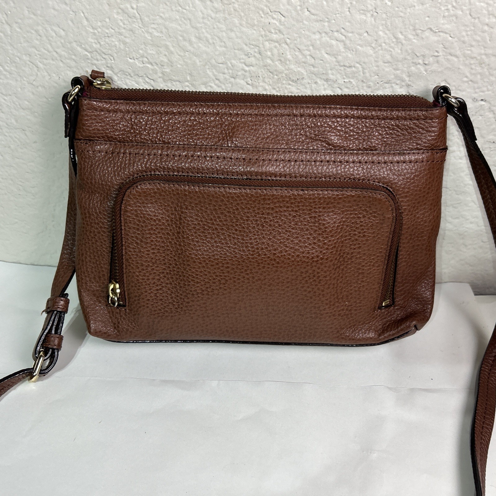Nordstrom Brown Pebbled Genuine Leather Crossbody Bag Built-in Wallet Purse (e5)