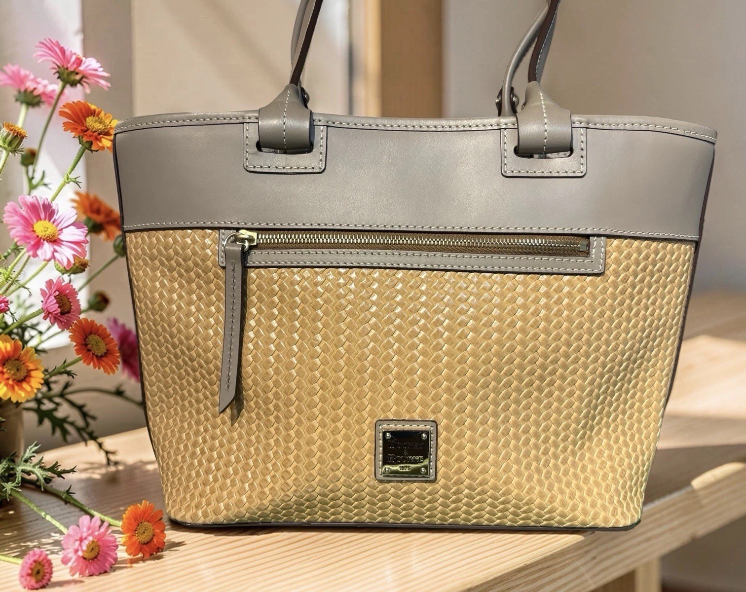 Dooney Bourke Beacon Taupe Gray Brown Woven Embossed Shopper Tote Smooth Leather