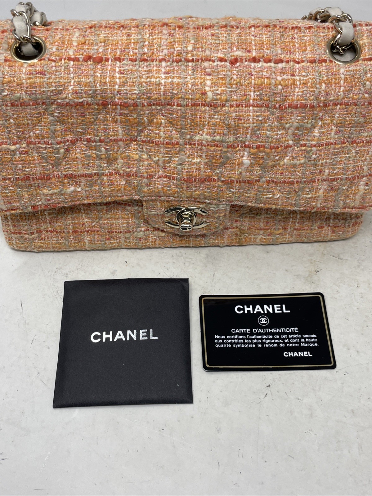 Authentic Chanel 2005 10-Series Peach Tweed Medium Classic Double Flap Bag (197)