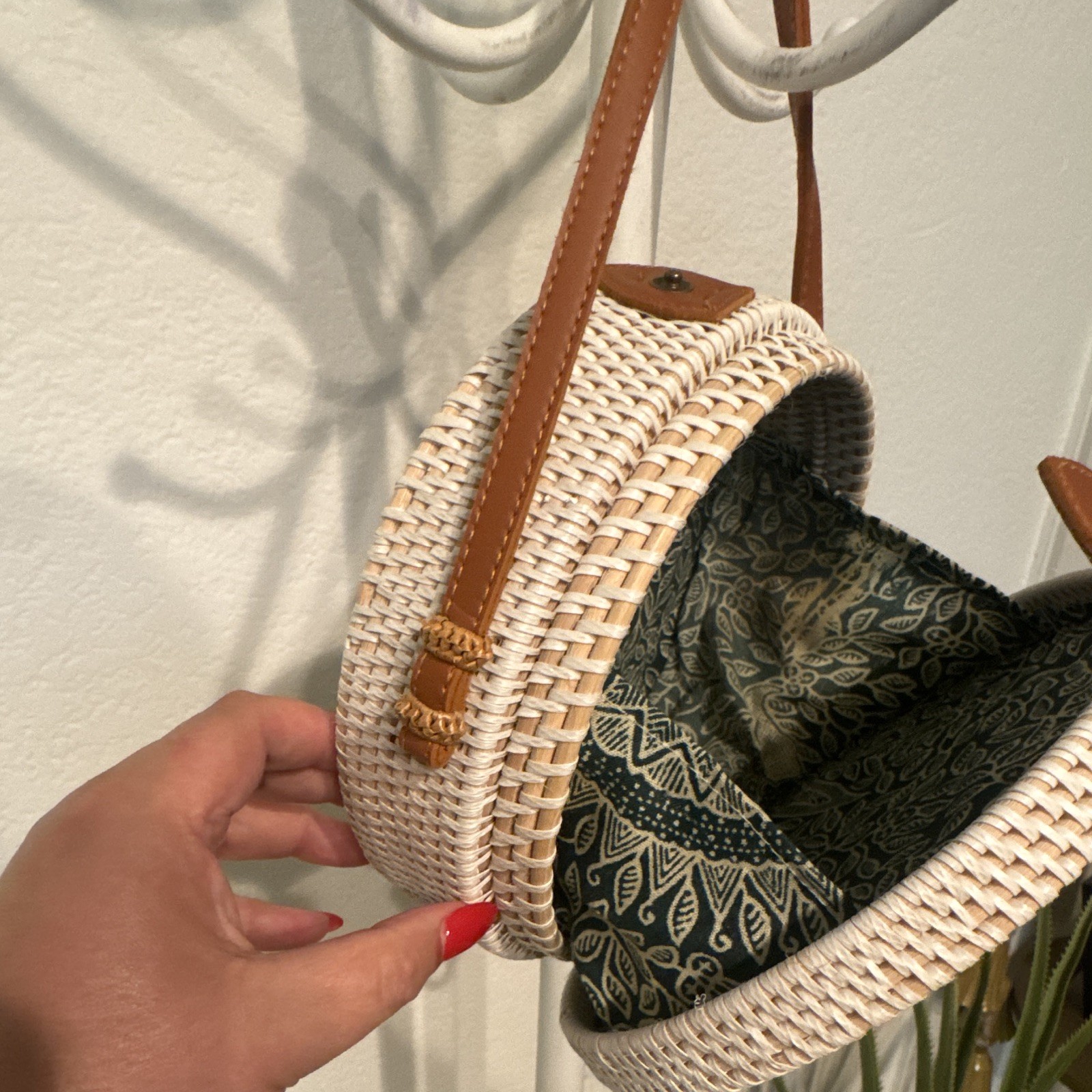 White Round Woven Crossbody Bag Brown Leather Strap Snap Closure Gold Hardware